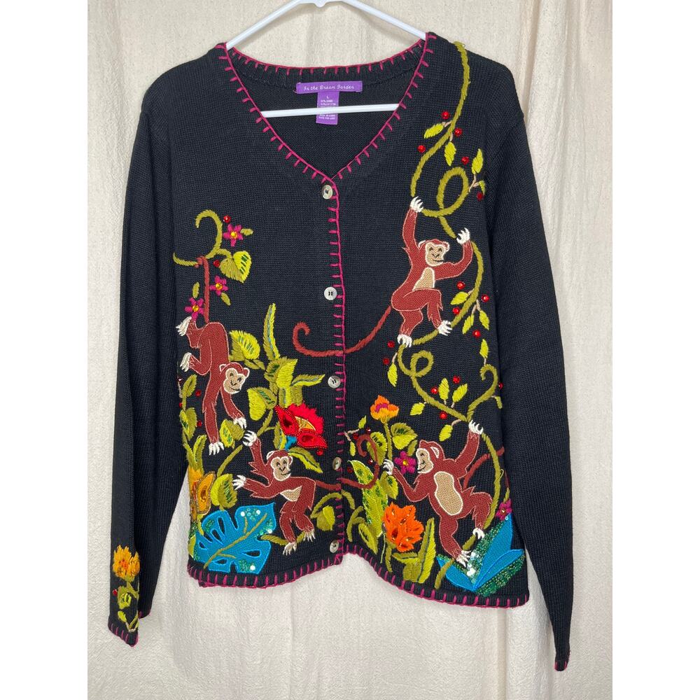 1990s In The Dream Garden Rainbow Jungle Monkey Floral Art To Wear Cardigan L